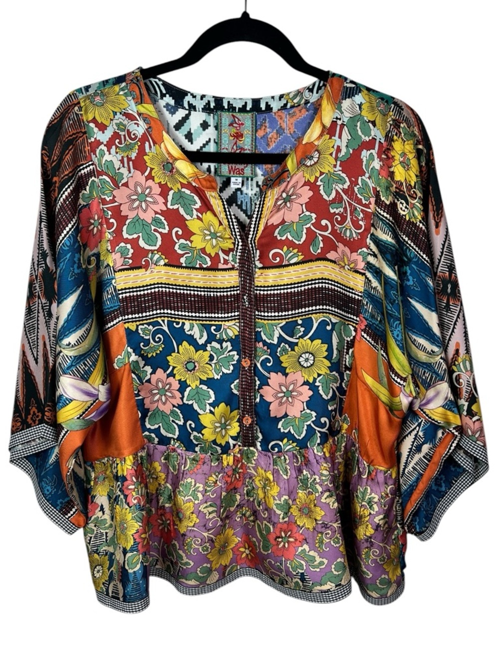 Johnny Was 100% Silk Miranda Mixed Print V-neck Boho Blouse Top Size Medium - Picture 3 of 7
